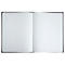 Carnet ouvert, pages blanches vierges. Couverture noire.