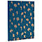 Carnet bleu avec un motif géométrique doré. La couverture est légèrement inclinée, révélant la surface en relief.