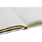 Carnet ouvert avec des pages blanches, des bords de pages jaunes et une reliure blanche.