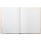 Un carnet ouvert avec des pages blanches vierges. La couverture est marron clair.