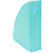 Turquoise plastic tijdschrifthouder, met een rond handvat.