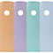 Quatre morceaux de papier colorés avec un trou en haut. Couleurs : orange, violet, turquoise et bleu clair.