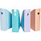 Quatre porte-documents colorés côte à côte. Chacun a un trou ou un renfoncement. Couleurs : bleu, turquoise, violet, pêche.