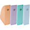 Quatre magazines en carton colorés côte à côte, dans des tons pastel d'orange, de violet, de turquoise et de bleu clair. Chacun a un trou rond.