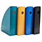Quatre porte-revues colorés côte à côte. Turquoise, jaune, bleu et noir. Chacun a un trou rond.