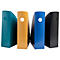 Quatre porte-documents colorés côte à côte. Turquoise, jaune, bleu et noir. Chacun a un trou rond.