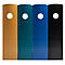Quatre dossiers de couleur, jaune, turquoise, bleu et noir, avec un trou. Chacun a un logo.