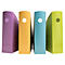 Quatre porte-fichiers colorés disposés. Violet, jaune, bleu et vert avec des ouvertures de poignée circulaires.