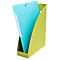 Porte-revues vert clair avec document bleu. Le support a une forme arrondie, le document une bande de serrage blanche.