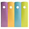 Quatre morceaux de carton courbés colorés avec des trous. Violet, jaune, bleu et vert côte à côte.