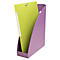 Lila Zeitschriftenständer mit grünen Akten, auf weißem Hintergrund.