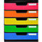 Classeur multicolore avec tiroirs, rouge, orange, jaune, vert et bleu. Les tiroirs ont des étiquettes blanches.