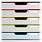Organisateur de bureau gris avec tiroirs colorés. Le rose, le jaune, le vert et le bleu bordent les tiroirs.
