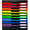 Pile de bacs à dossiers multicolores avec étiquettes. Couleurs : rouge, orange, jaune, vert, bleu, violet, noir. Chaque bac a un champ d'étiquette blanc.