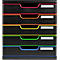 Organisateur de documents noir avec cinq tiroirs aux accents colorés : rose, orange, jaune, vert et bleu.