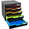 Organisateur de documents noir avec cinq tiroirs colorés : rose, orange, jaune, vert et bleu. Un tiroir est ouvert.