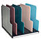 Organisateur de bureau multicolore avec plusieurs compartiments. Compartiments en gris, rose, turquoise, beige et bleu clair.