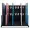 Organisateur de fichiers avec séparateurs colorés. Gris foncé, rose, turquoise et beige.