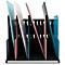 Organisateur de documents noir avec des dossiers de couleurs. Compartiments étiquetés, motif, cadre gris clair.
