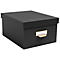 Schwarze Aufbewahrungsbox mit Deckel und Messing-Etikettenhalter.