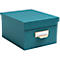Une boîte de rangement turquoise avec un couvercle et une plaque signalétique.