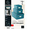 Trois boîtes de rangement gigognes turquoise avec poignées argentées, disposées côte à côte, sur fond blanc. Informations sur le produit à côté.