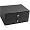 Schwarze Schubladenbox mit zwei Schubladen. Runde goldene Knöpfe, strukturierte Oberfläche.