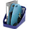 Organisateur de bureau bleu avec classeur, tablettes, stylos et bouteille d'eau.