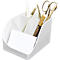 Witte bureau-organizer met pennen, schaar, potloden en notities.