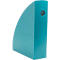 Porte-revues turquoise, triangulaire d'un côté, rectangulaire de l'autre, avec un trou rond.