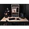 Bureau avec fournitures de bureau : lampe de bureau, bloc-notes, dossiers, tiroir et bacs de classement.