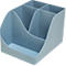 Organisateur de bureau bleu clair, angulaire, avec plusieurs compartiments.