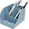 Porte-stylos bleu clair rempli de stylos, crayons et punaises.