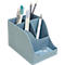 Organisateur de bureau bleu clair avec stylos, crayons et trombones.