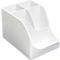 Organiseur de bureau blanc avec plusieurs compartiments, forme arrondie.