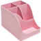 Organisateur de bureau en plastique rose avec plusieurs compartiments.