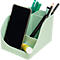 Porte-stylos vert clair avec smartphone, stylos et bâton de colle. Compartiments internes pour organiser les fournitures de bureau. Fournitures de bureau.