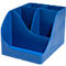 Organisateur de bureau bleu avec quatre compartiments, un côté ondulé et une surface lisse.