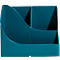 Porte-crayons turquoise avec trois compartiments, des bords arrondis et un logo. Le porte-crayons est posé sur un fond blanc.