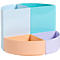 Carrousel porte-stylos coloré à quatre sections. Chaque compartiment est de couleur pastel, avec l'inscription "THE QUARTER" sur un compartiment.
