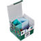 Organisateur de bureau dans une boîte en carton avec divers compartiments colorés. La boîte est verte, avec l'étiquetage du produit.