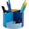 Porte-stylos coloré avec stylos et surligneurs en jaune, bleu et turquoise. Plusieurs compartiments pour l'organisation.