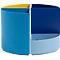 Porte-stylo rond multicolore divisé en quatre compartiments. Bleu, jaune et bleu clair.