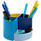 Porte-stylo rond, multicolore avec stylos et marqueurs. Le bleu, le jaune et le bleu clair forment les couleurs des compartiments. Les stylos sont inclus en différentes couleurs.