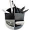 Organisateur de bureau avec stylos, gomme et trombones. Noir, gris et blanc.