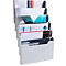 Organisateur mural gris avec six compartiments, remplis de papiers et de documents de différents motifs et couleurs.