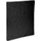 Black folder with elastic band and logo print. Text lines. Vertical view.
