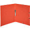 Open red binder with metal ring mechanism and perforation.