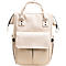 Cremefarbener Rucksack, Fronttasche, Tragegriff, zwei Seitentaschen, schwarze Details.