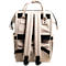 Beige rugzak, zwarte details. Twee banden, twee zijzakken. Zwarte rits.
